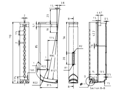 A sample 2D line technical drawing with dimensions, all in black lines.